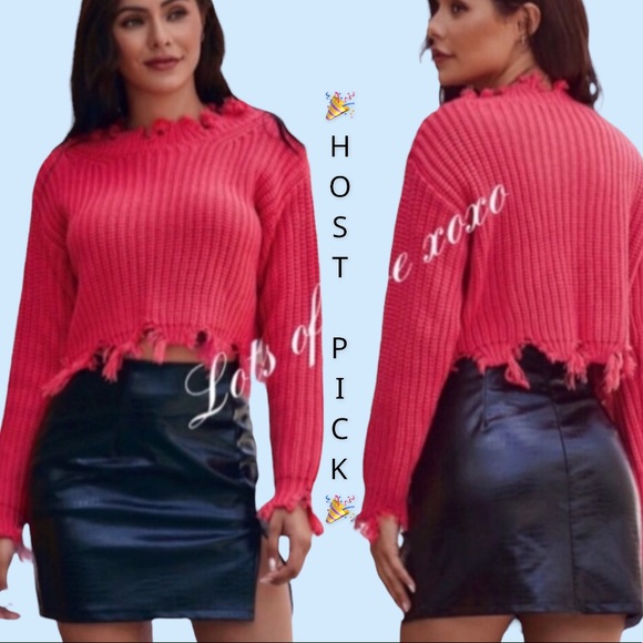 Sweaters - Berry Red Rose Raw Hem Distressed Crop Sweater